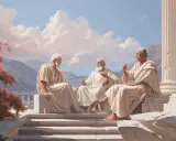 Drei Männer in Togen diskutieren auf einer Terrasse mit Säulen. Einer hält eine Schriftrolle, vielleicht ein altgriechischer Dichter.