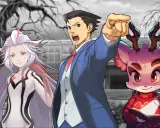 Trzech bohaterów z gry typu visual novel: mężczyzna w garniturze wskazuje palcem, obok niego kobieta w białym stroju i urocza różowa postać z książką i latarką.