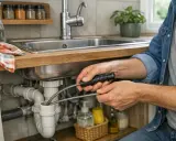 Un homme utilise un furet pour déboucher un évier de cuisine. Les canalisations sous l'évier sont visibles.