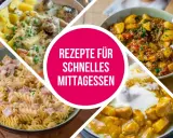 Vier leckere Gerichte für ein schnelles Mittagessen: Frikadellen mit Kartoffeln und Erbsen, Gulasch mit Kartoffeln, Nudeln mit Schinken und Curry mit Reis.