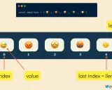 Tablica `emotions` z 5 emotikonami. `js indexOf` pokazuje, że indeks 0 to emotikona z kroplą potu.