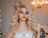 Królowa z koroną, blond włosami i makijażem oczu. Tekst "Vergine" i symbol Panny wskazują na ascendent w Pannie.