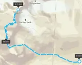 Karta över en vandringsled till Kebnekaise, 2098m. Leden är markerad med blå prickar från START till FINISH.