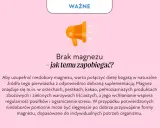 Grafika informuje o tym, jak zapobiegać brakowi magnezu. Wskazuje na dietę bogatą w orzechy, kakao i warzywa.
