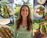 En kvinna ler i mitten, omgiven av bilder på utsökt mat. Allt ser ut att vara grillat till midsommar, med allt från köttspett till grönsaker och tacos.