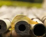 Gelbe Schnecke kriecht über Bambusrohre. Vorsicht vor dem **schneckenkorn giftig**, es könnte ihr zum Verhängnis werden.
