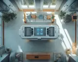 Un appareil futuriste de ventilation par surpression au centre d'un salon moderne, avec des canapés et des plantes.