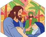 Jesus, der wie ein Moslem gekleidet ist, heilt einen Mann. Palmen und orientalische Gebäude im Hintergrund.