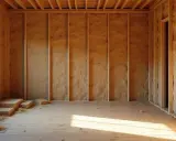 Intérieur d'une maison en construction, avec un mur terre paille visible. Des bottes de paille sont empilées près d'une fenêtre.