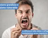 Uomo con espressione di rabbia narcisistica, pugni stretti. Testo: "Narcisismo grandioso e vulnerabile. Differenze tra rabbia e aggressività.