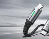Câble USB-C argenté avec inscription "FAST CHARGE 100W" et un autre connecteur USB-C.