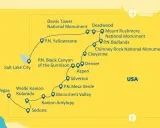 Mapa USA z trasą przez parki narodowe: Yellowstone, Black Canyon, Mesa Verde, Wielki Kanion Kolorado, Antelope Canyon, a także Devils Tower, Mount Rushmore i Badlands.