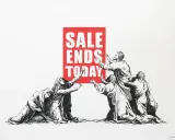 Figures reach for a red sign reading "SALE ENDS TODAY," perhaps lamenting the tax on sale of inherited art.