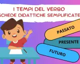 Un bambino studia i tempi del verbo: passato, presente e futuro. Schede didattiche semplificate per la classe seconda.