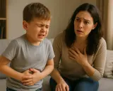 Niño con dolor abdominal y madre preocupada. Podría ser diarrea en niños sin fiebre.