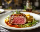 Un succulent magret de canard, coupé en tranches rosées, nappé d'une sauce brune et servi avec des pommes de terre et du romarin.