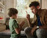 Un padre le dice no a su hijo, levantando el dedo índice en señal de advertencia. El niño escucha atentamente.