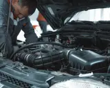 Mechanik pracuje przy silniku VW. Dowiedz się, ile kosztuje wymiana oleju w serwisie VW.