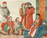 Ein Mann im roten Mantel sitzt, umgeben von knienden und stehenden Personen. Dies illustriert, was ein Lehen ist: eine Beziehung von Abhängigkeit und Treue.