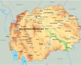 Mapa fizyczna Macedonii Północnej z zaznaczonymi miastami, rzekami i jeziorami. Idealny przewodnik po regionie.