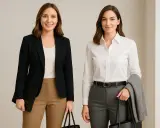 Two women showcase business casual style. One wears a navy blazer with tan pants, the other a white shirt with grey pants.