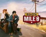 Dwoje młodych ludzi odpoczywa na kanapie przy drodze. W tle logo gry "Road 96 Mile 8", stacja benzynowa i zniszczony samochód.