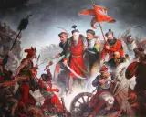 Obraz przedstawia zaciętą bitwę pod Kłuszynem 1610. Polscy żołnierze walczą z wrogiem, wznosząc sztandar z orłem.