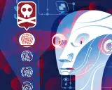 Kopf eines Roboters mit Fingerabdrücken und einem Totenkopf-Symbol, das auf die Gefahr des wannacry virus hinweist.