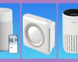 Tres purificadores de aire modernos, uno gris con app móvil, uno blanco cuadrado y uno blanco Bosch. Descubre para qué sirve un purificador de aire.