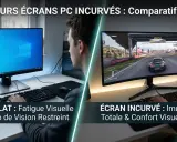 Comparaison d'un écran plat PC et d'un écran incurvé PC. Le plat est moins immersif, l'incurvé offre une meilleure immersion.