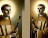 Św. Radosław w złotej szacie, z aureolą i pędzlem w dłoni, patrzy w górę z nadzieją.