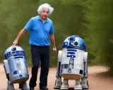 Albert Einstein pasea con dos droides R2-D2 por un camino rural. Una escena de ia realista.