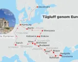 Karta över en tågluff genom Europa med stopp i Stockholm, Hamburg, Berlin, Warszawa, Wien, Budapest och Bukarest. Drömmer du om tågluffa Europa gratis 2024?