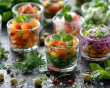 Petits verres de légumes colorés, parfaits pour une recette tapas gastronomique. Fraîcheur et couleurs vives pour un apéritif raffiné.