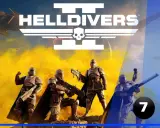 Żołnierze w zbrojach z gry Helldivers 2 pozują z bronią na tle kosmicznej mgławicy i statków.