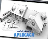 Na ekranie tabletu widok domu w szkicu, plany architektoniczne i tekst "architektura APLIKACJI".