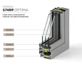 Sección de ventana Strugal S74RP ÓPTIMA, mostrando triple acristalamiento, gases nobles y rotura de puente térmico para optimizar la conductividad del vidrio.