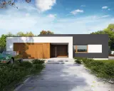 Nowoczesny dom z płaskim dachem, z drewnianą bramą garażową i zielonym kabrioletem.