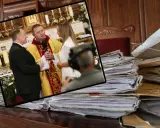 Kiedy można dostać rozwód kościelny? Para przed ołtarzem, ksiądz i sterty akt.