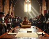 König mit Krone entrollt Schriftrolle, umgeben von Männern in mittelalterlicher Kleidung. Ein historischer Moment, der die magna carta bedeutung symbolisiert.
