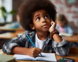 Niño con gran afro, sentado en un pupitre, con la mano en la barbilla, pensando. Parece que a mi hijo se le olvida lo que aprende.