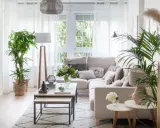 Salón acogedor con rincones decorar con plantas. Sofá beige, mesas de centro de madera y alfombra geométrica.