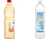 Dos botellas de vinagre de limpieza para la ropa. Una es transparente y la otra tiene un líquido amarillento.