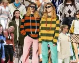 Kolekcja ubrań w stylu preppy: swetry w paski, romby, kraciaste spódniczki i marynarki.
