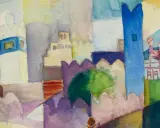 August Macke Tunisreise: Aquarell einer Stadtansicht mit Türmen, Mauern und Figuren. Farbenfrohe Darstellung nordafrikanischer Architektur.