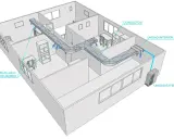 Diagrama ilustra cómo funciona el aire acondicionado por conductos: unidad exterior, unidad interior, conductos y rejillas difusoras distribuyen el aire.