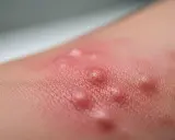 Pelle arrossata con vescicole, un esempio di dermatite da stasi. Si cercano rimedi della nonna per alleviare il prurito e l'infiammazione.