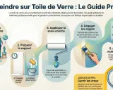 Guide étape par étape pour peindre sur toile de verre. Illustration montrant la préparation, l'application de sous-couche et de peinture avec rouleau et pinceau.