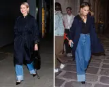 Naomi Watts i Natalie Portman w szerokich jeansach z podwijaniem spodni, obie w eleganckich płaszczach.