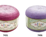 Dwa motki włóczki Alize Bella Ombre Batik: jeden w odcieniach różu, drugi fioletu. Idealne do letnich projektów.
